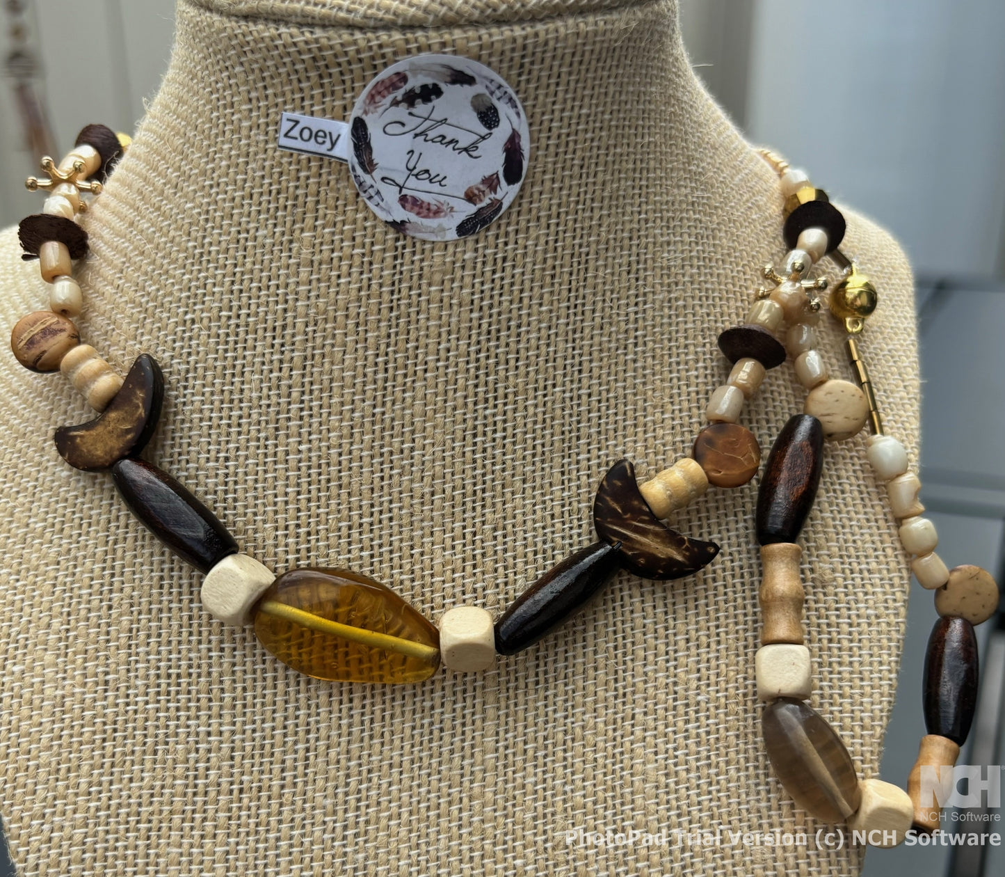 Zoey - Zoey - Wood and Pearl Beaded Necklace with Gold Accents, Earthy Tones