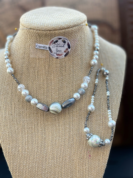 Camilla - Pearl Elegance: Timeless White Beaded Necklace, The silver beads and clasps add a touch of sophistication.