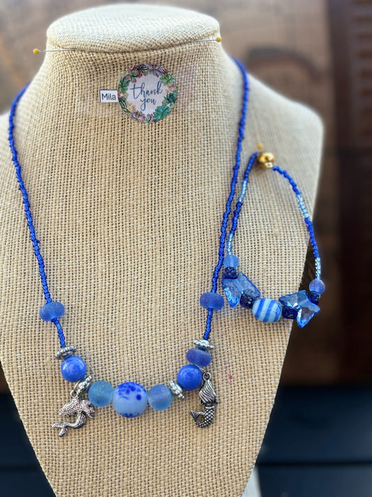 Mila - Blue Beaded Necklace and Bracelet with Mermaid Charm, Under the Sea