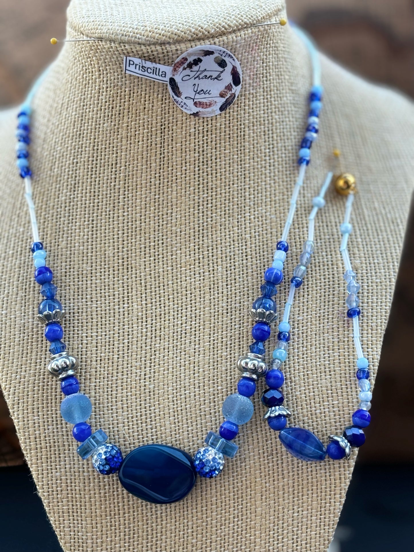 Priscilla - Sapphire Serenity  Glass Beaded Necklace with Agate Pendant