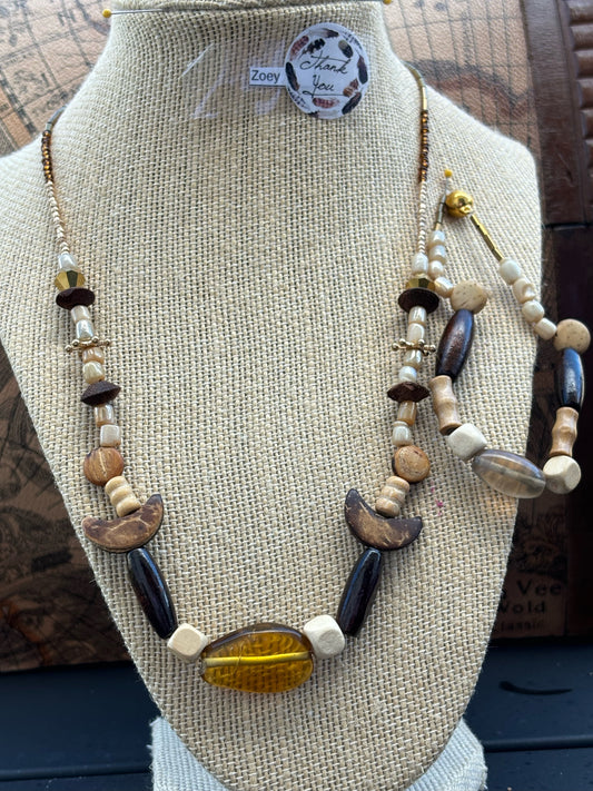 Zoey - Zoey - Wood and Pearl Beaded Necklace with Gold Accents, Earthy Tones