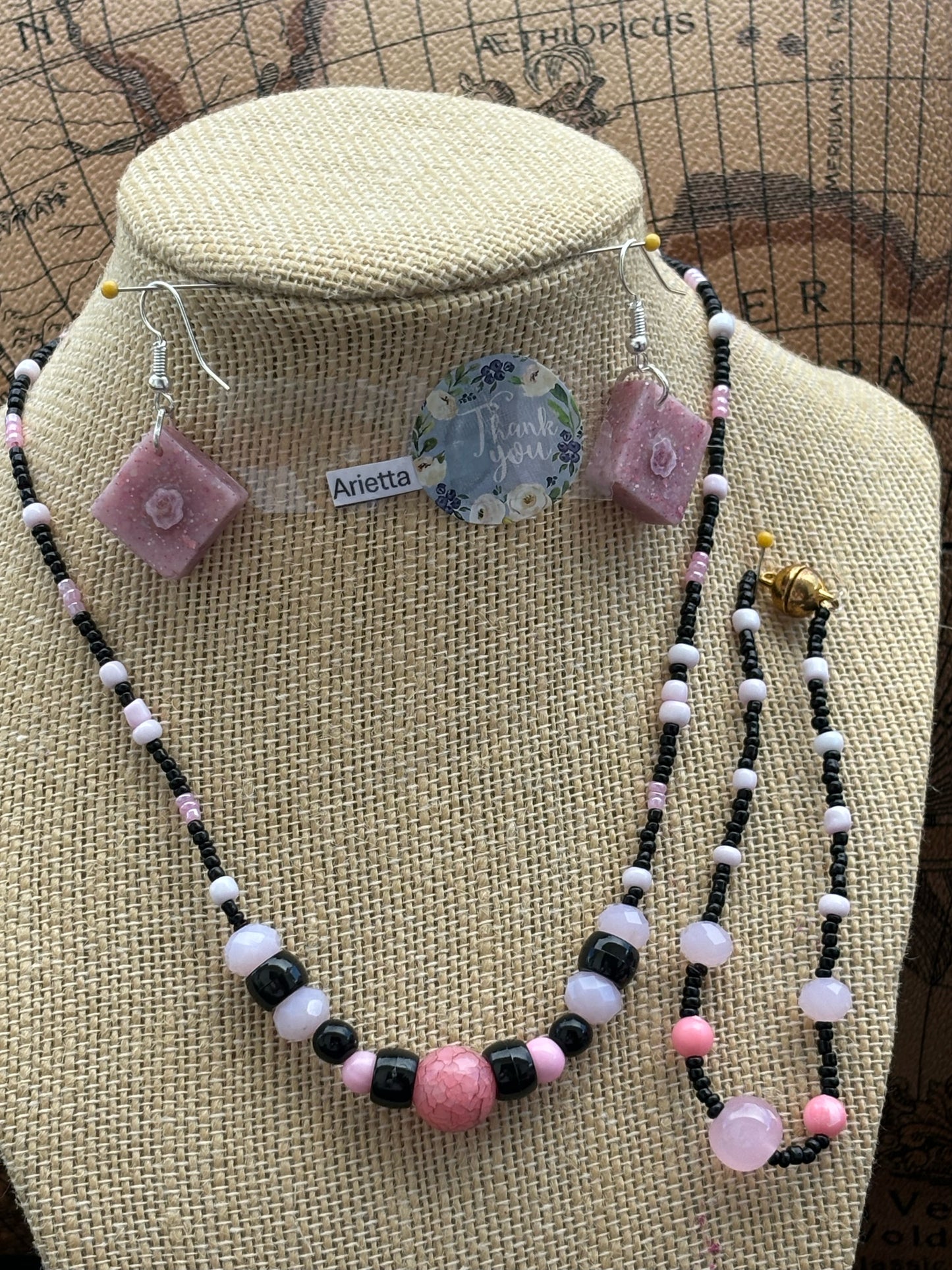 Arietta - Elegant Pink and Black Beaded Necklace and Bracelet.  Handmade Perfect for any occasion, this piece is a stylish addition.
