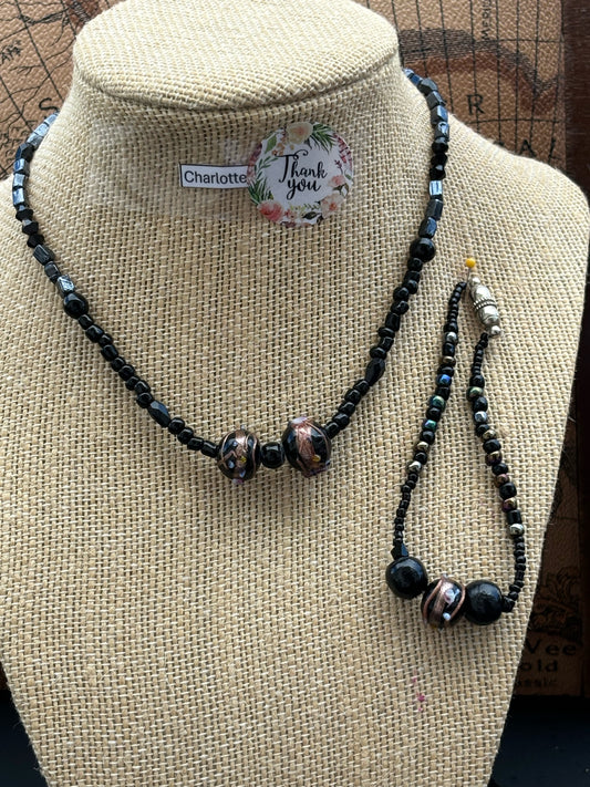 Charlotte - Midnight Elegance: Sophisticated Black Beaded Necklace and Bracelet with Magnetic Clasps,