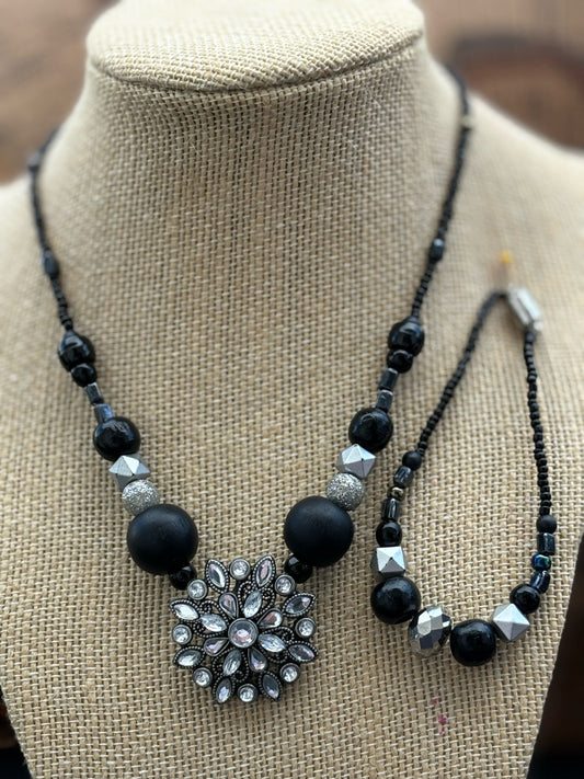 Elena - Elegant Black and Silver Beaded Necklace with Crystal Centerpiece