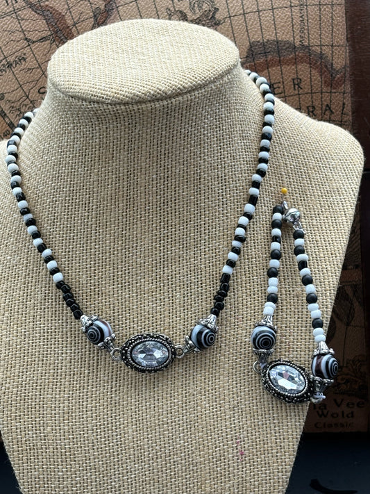 Melanie - Handcrafted Elegance Classic Black and White Beaded Necklace with Crystal Accents